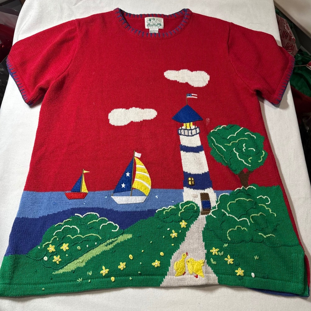 Vtg The Quacker Factory‎ Women's L Lighthouse Sailboat Nautical Grandma Sweater